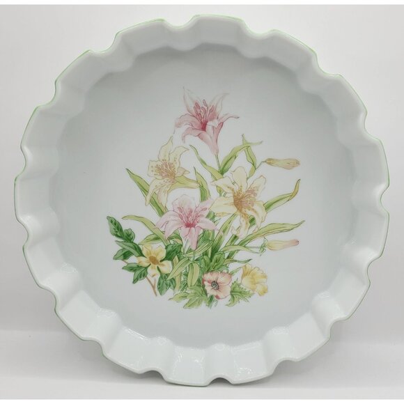 Stafford Other - Vintage Shafford Jade Lily Quiche Tart Dish Plate Porcelain Lilies Green Rim